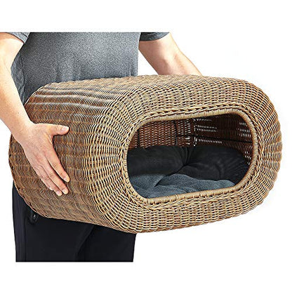 Fun Stackable Wicker Cat Hideaway House - Interactive Play Rattan Cat House for Indoor Cats Kitty, Pet Friendly Top/Side House Entry, Cat Bed Enclosed