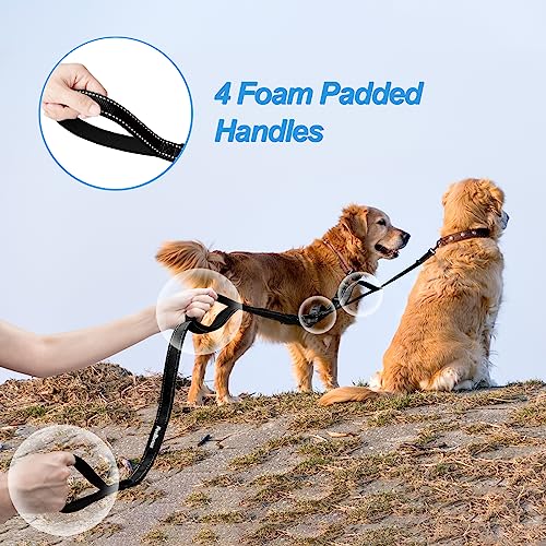 Double Dog Leash, No Tangle Dual Leash, Reflective Walking Training Lead, 4 Comfortable Padded Handles for 2 Dogs with Collapsible Bowl and Waste Bags (Black, Large) - color: Black