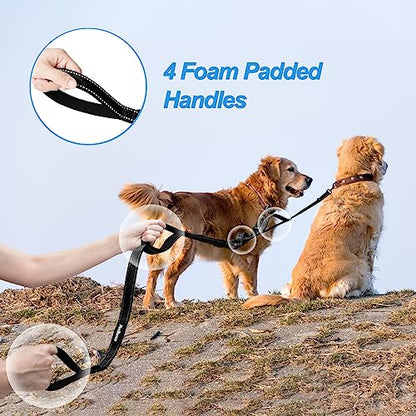 Double Dog Leash, No Tangle Dual Leash, Reflective Walking Training Lead, 4 Comfortable Padded Handles for 2 Dogs with Collapsible Bowl and Waste Bags (Black, Large) - color: Black