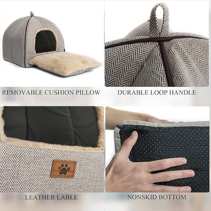 WINDRACING Cat Bed - Cat Cave House Tent with Washable Cushioned Pillow, Soft Kitten Beds, Pet Furniture (Large, Beige) - color: Beige, size: L(17.5 x 17.5 x 17.5 Inch)