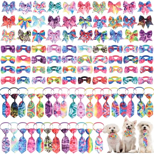 Reginary 100 Pieces Dog Bow Tie Collar Set Include 40 Dog Neckties, and 30 Puppy Bowties, 30 Collar Flowers, Adjustable Pet Ties Grooming for Small Medium Cats Pets Supply(Tie-dye) - style: Tie-Dye