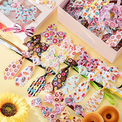 Reginary 100 Pieces Dog Bow Tie Collar Set Include 40 Dog Neckties, and 30 Puppy Bowties, 30 Collar Flowers, Adjustable Pet Ties Grooming for Small Medium Cats Pets Supply(Donut) - style: Donut