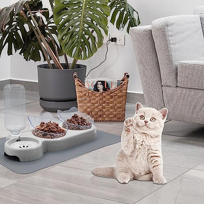 Triple Cat Bowls with Water Dispenser, Pet Whisker Friendly Water and Food Bowl Set with Non-Slip Mat, 15° Tilted Double Feeding Bowls, Elevated Wet and Dry Food Dish for Kitten&Small Dog (Grey) - color: Grey