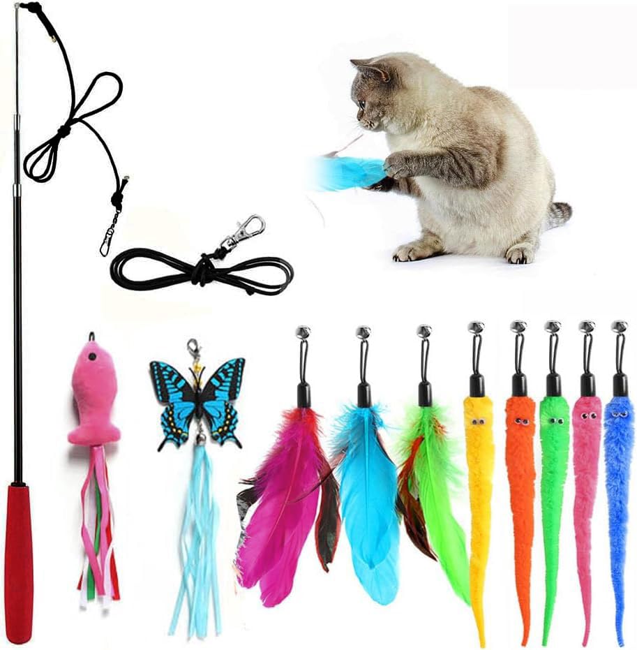 Retractable Cat Toy Wand, 12 Packs Interactive Cat Feather Toys, 9 Assorted Teaser Refills with Bell for Kitten (Pink) - size: 12 PCS