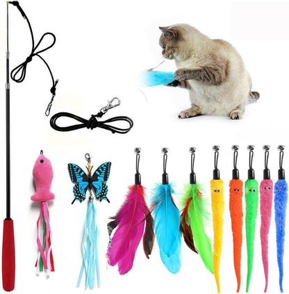 Retractable Cat Toy Wand, 12 Packs Interactive Cat Feather Toys, 9 Assorted Teaser Refills with Bell for Kitten (Pink) - size: 12 PCS