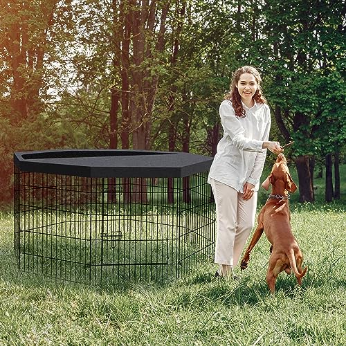 Dog Pen Pet Playpen Dog Fence Indoor Foldable Metal Wire Exercise Puppy Play Yard Pet Enclosure Indoor Outdoor 8 Panels 30 Inch with Bottom Pad/Top Cover(Black 30 top Cover) - style: Playpen + top cover