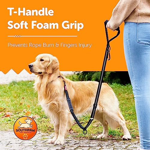 Shock Absorbing Tactical Bungee Dog Leash 4-7 ft. for Large Dogs with Seatbelt Buckle and Comfortable Padded Handle, Highly Reflective Extendable Heavy Duty Stretch Leash for Dog Owners (Black)
