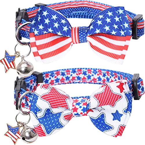 American Flag Cat Collar with Bell Bow Tie Star Breakaway Adjustable for 4th of July Independence Day - color: 2PCS-1