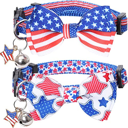 American Flag Cat Collar with Bell Bow Tie Star Breakaway Adjustable for 4th of July Independence Day - color: 2PCS-1