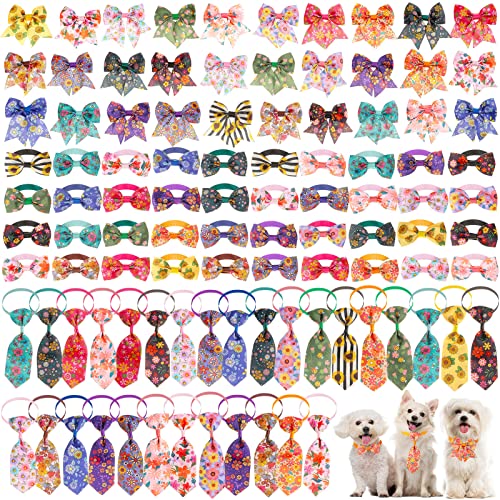 Reginary 100 Pieces Dog Bow Tie Collar Set Include 40 Dog Neckties, and 30 Puppy Bowties, 30 Collar Flowers, Adjustable Pet Ties Grooming for Small Medium Cats Pets Supply(Flower) - style: Flower