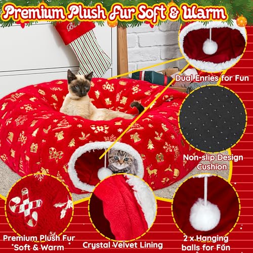 LECHONG 3-in-1 Christmas Cat Tunnel Bed & Tree Skirt, Warm & Cozy Double-Sided Fleece Hideout w/Detachable Mat, Deter Cats Damage Xmas Tree Decor, Festive Coziness
