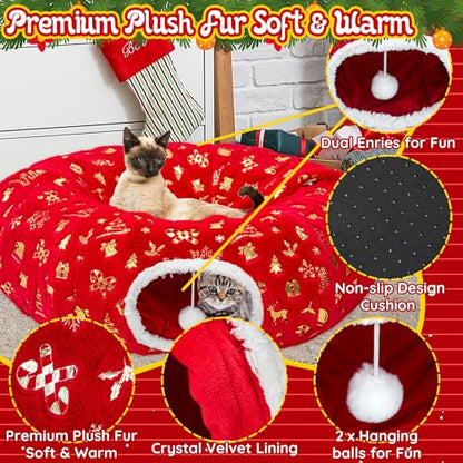 LECHONG 3-in-1 Christmas Cat Tunnel Bed & Tree Skirt, Warm & Cozy Double-Sided Fleece Hideout w/Detachable Mat, Deter Cats Damage Xmas Tree Decor, Festive Coziness