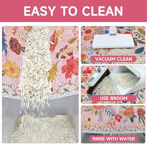 Cat Litter Mat, 35" x 23" Litter Box mat, Upgrade Non-Slip Kitty Litter mat, Traps 100% Litter, Soft on Kitty Paws, Easy Clean for Scatter Control, Bohe cat Food mat, Urine Waterproof - color: Pink Garden, size: Large（35"x23"）