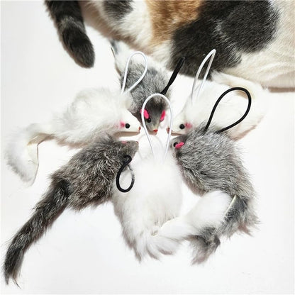 Real Rabbit Fur Interactive Cat Toy Mouse, 5.5" Extra Large Durable Squeaky Toys with Long Tail, Crinkle Sound & Hanging Rope, Self-Play Toys for Indoor Cats (5 Pack Grey/White Color) - color: White&Grey