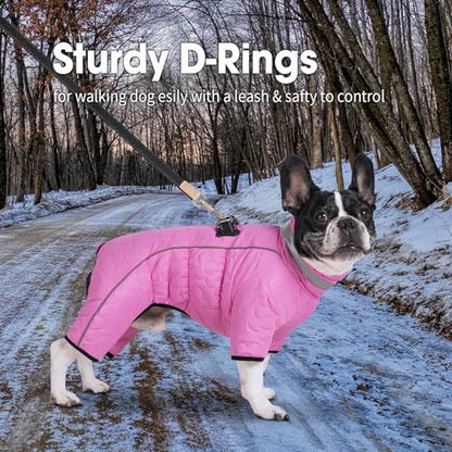 Four Legged Dog Winter Coat for Small Dogs, Warm Puppy Onesie Clothes Christmas, Reflective Turtleneck Dog Jacket with Buckles & D-Rings, Puffer Cold Weather Coat Zipper - color: Pink, size: X-Large