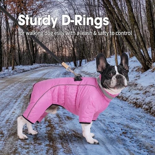 Four Legged Dog Winter Coat for Small Dogs, Warm Puppy Onesie Clothes Christmas, Reflective Turtleneck Dog Jacket with Buckles & D-Rings, Puffer Cold Weather Coat Zipper - color: Pink, size: Medium