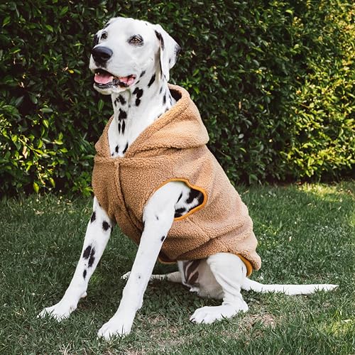 Tuff Pupper Fleece Dog Hoodie Sweater | Teddy Sherpa Outer & Soft Polar Fleece Lining | Adjustable Fit Winter Coat with Hood, Leash Hole, Ribbed Cuffs | for Small Medium Large XL XXL Dogs (Brown, L) - color: Brown, size: 40-60 lbs (Large)