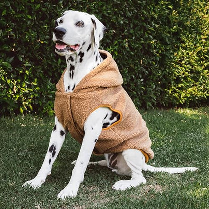 Tuff Pupper Fleece Dog Hoodie Sweater | Teddy Sherpa Outer & Soft Polar Fleece Lining | Adjustable Fit Winter Coat with Hood, Leash Hole, Ribbed Cuffs | for Small Medium Large XL XXL Dogs (Brown, L) - color: Brown, size: 40-60 lbs (Large)