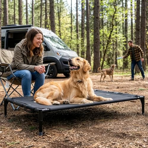 Petsfit Elevated Dog Bed for Large Dogs – Patented Anti-Sag Tension Bar, Cooling Raised Dog Cot for Outdoor/Camping/Indoor, Teslin Mesh, Non-Slip Frame, 48" - size: L-48"