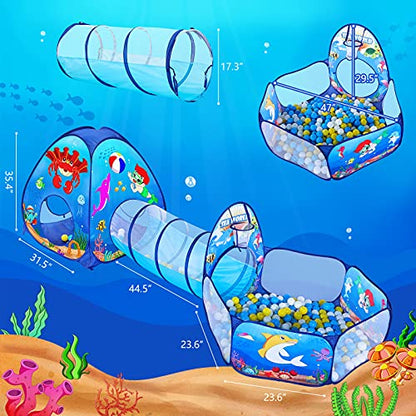 SISTICKER 3pc Kids Play Tent: with Baby Ball Pit and Crawl Tunnel - Toddler Pop Up Climbing Toys - Indoor Outdoor Playhouse - Gift for Year Old Boys Girls (Balls NOT Included) - style: Ocean