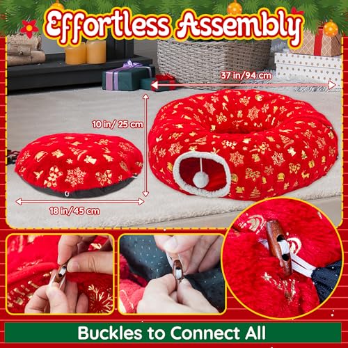LECHONG 3-in-1 Christmas Cat Tunnel Bed & Tree Skirt, Warm & Cozy Double-Sided Fleece Hideout w/Detachable Mat, Deter Cats Damage Xmas Tree Decor, Festive Coziness