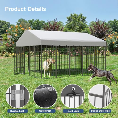 Kullavik 10x10x6 FT Large Outdoor Dog Kennel,Anti-Rust Galvanized Steel Dog Pen with Feeding Door & Double Locks,Heavy Duty Dog Enclosure Fence with UV-Resistant Waterproof Cover for Outside - size: 117"L x 119"W x 75"H