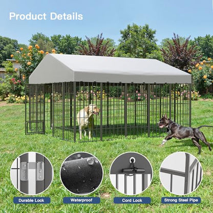 Kullavik 10x10x6 FT Large Outdoor Dog Kennel,Anti-Rust Galvanized Steel Dog Pen with Feeding Door & Double Locks,Heavy Duty Dog Enclosure Fence with UV-Resistant Waterproof Cover for Outside - size: 117"L x 119"W x 75"H