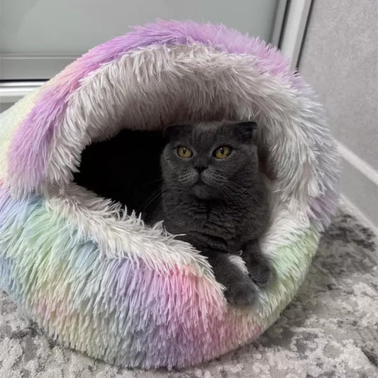 Cat Bed Round Fluffy Hooded Cat Bed Cave, Anti-Anxiety Cave Bed with Hooded Blanket, Cozy Cuddler Luxury Puppy Pet Bed, Anti-Slip Bottom and Machine Washable - color: Rainbow, size: Medium