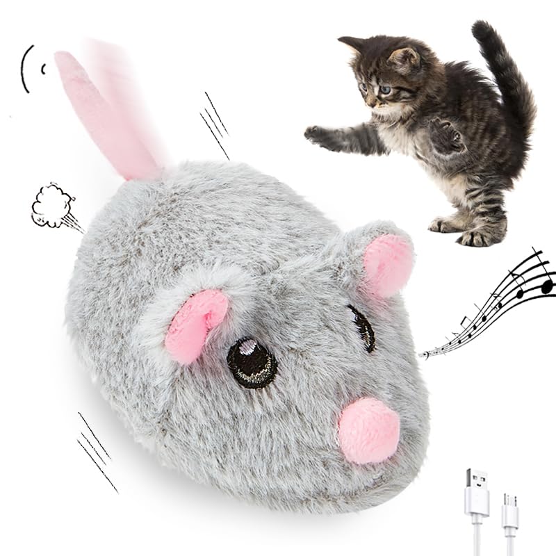 Cat Toys Squeaky Rechargeable Moving Mouse with Dynamic Magic Tail, Automatic Self Play Mouse Interactive Cat Toy for Indoor Cats, Electric Motion Activated Mice Toys for Kitten(Gray) - color: Grey