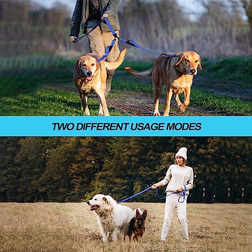 Double Dog Leash, No Tangle Dual Leash, Reflective Walking Training Lead, 4 Comfortable Padded Handles for 2 Dogs with Collapsible Bowl and Waste Bags (Blue, Large) - color: Blue