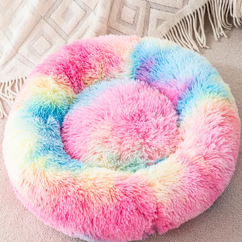 Fluffy Donut Dog Bed for Puppies Cat Bed Plush Soft Faux Fur Non-Slip Bottom Indoor Cozy Comfortable Pet Bed Bunny Pillow Dog Piilow Small for 3KG
