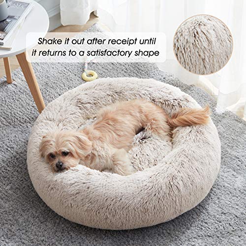 WESTERN HOME WH Calming Dog & Cat Bed, Anti-Anxiety Donut Cuddler Warming Cozy Soft Round Bed, Fluffy Faux Fur Plush Cushion Bed for Small Medium Dogs and Cats - color: White Khaki, size: 27.0"L x 27.0"W x 8.0"Th