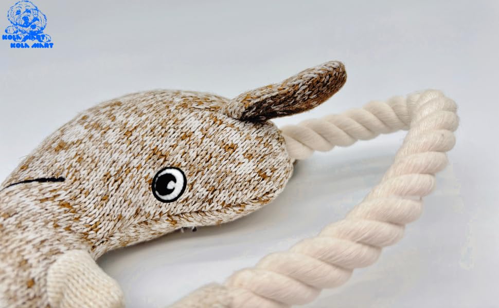 Rustic Knit Horned Tugger Dog Toy - Plush & Rope Tug Toy for Dogs | Knitted Chew Toy with Hemp Rope Loop | Safe Embroidered Eyes | Tug of War Fetch Toy for Small Medium Dogs