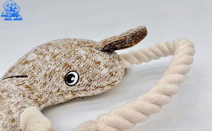 Rustic Knit Horned Tugger Dog Toy - Plush & Rope Tug Toy for Dogs | Knitted Chew Toy with Hemp Rope Loop | Safe Embroidered Eyes | Tug of War Fetch Toy for Small Medium Dogs