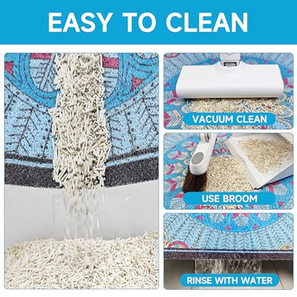 Cat Litter Mat, 35" x 23" Litter Box mat, Traps 100% Litter, Non-Slip Kitty Litter Trapping mats, Large Cute Litter mat, Easy Clean for Scatter Control, Bohe cat Food mat, Urine Waterproof - color: Blue Medallion, size: Large（35"x23"）