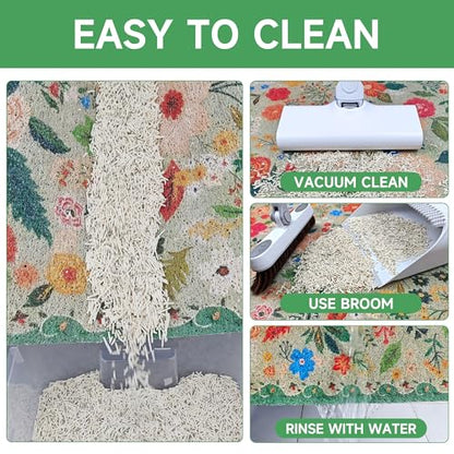 Cat Litter Mat, 35" x 23" Litter Box mat, Upgrade Non-Slip Kitty Litter mat, Traps 100% Litter, Soft on Kitty Paws, Easy Clean for Scatter Control, Bohe cat Food mat, Urine Waterproof - color: Green Garden, size: Large（35"x23"）
