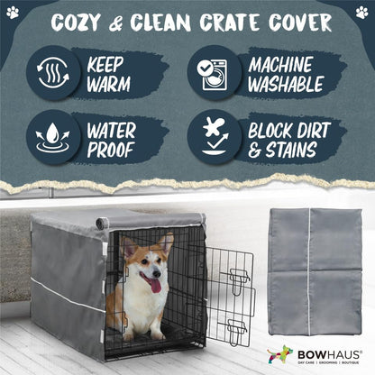BOWHAUS 30-Inch Single Door Dog Crate Kit Includes Crate Cover and Soft Dog Bed, Indoor Dog Cage with Leak-Proof Pan, Foldable Wire Metal Dog Kennel for Small, Medium Dog - size: 18.5"L x 30.3"W x 18.5"H