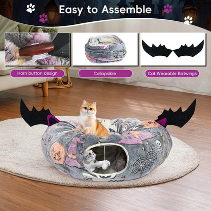 Tidjani Cat Tunnel Bed, Cat Tunnels for Indoor Cats with Bat Wings, Foldable Pet Donut Bed with Middle Mat and Dangling Balls, Pet Play Tunnel Toy with Ghost, Spider Web Pattern for Kittens - style: Gray Bat Wings