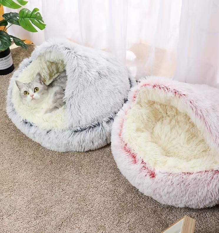 Cat Bed Round Fluffy Hooded Cat Bed Cave, Anti-Anxiety Cave Bed with Hooded Blanket, Cozy Cuddler Luxury Puppy Pet Bed, Anti-Slip Bottom and Machine Washable (Pink, Medium) - color: Pink, size: Medium