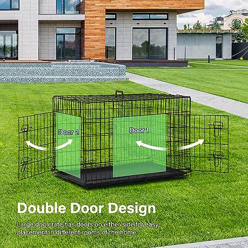 24/7 Shop at Home Gossamer Metal Double Door Folding Wire Pet Crate with Divider, Removable Tray, and Handle for Outdoor and Indoor Medium Dog, 42-inch, Black - size: 42.7"L x 26.8"W x 28.7"H