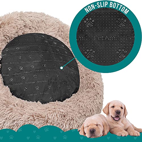 PetAmi Calming Dog Bed for Small Medium Dog Cat, Round Donut Dog Bed Washable, Fluffy Faux Fur Plush Cuddler Pet Kitten Cushion Bed, Anti-Slip, Fits up to 45 lbs, 30 inch, Taupe - color: Taupe, size: Medium - 30"