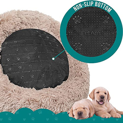 PetAmi Calming Dog Bed for Small Medium Dog Cat, Round Donut Dog Bed Washable, Fluffy Faux Fur Plush Cuddler Pet Kitten Cushion Bed, Anti-Slip, Fits up to 45 lbs, 30 inch, Taupe - color: Taupe, size: Medium - 30"