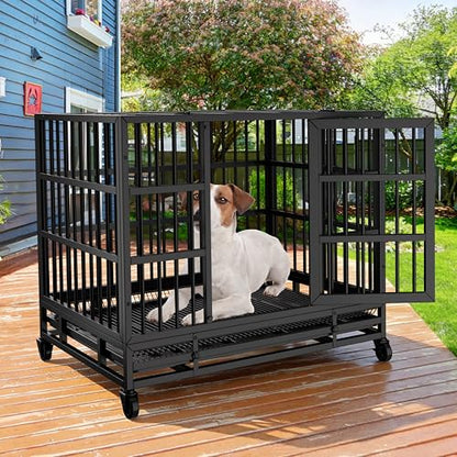 JY QAQA 48/38 Inch Heavy Duty Indestructible Dog Crate Double Doors Escape Proof Cage Kennel,Enhanced Metal Pet Cage,Extra Large XL XXL Crate Indoor for Large Dog with Removable Tray,Lockable Wheels - size: 48.8"x 29.9"x 35.6"(XL)