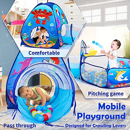SISTICKER 3pc Kids Play Tent: with Baby Ball Pit and Crawl Tunnel - Toddler Pop Up Climbing Toys - Indoor Outdoor Playhouse - Gift for Year Old Boys Girls (Balls NOT Included) - style: Ocean