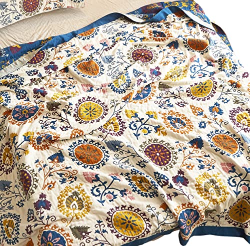 MEJU Bohemia Mandala Boho Paisley Southwest Datura Flower Throw Blanket for Bed Sofa Couch, 100% Combed Cotton 4 Layer Soft Warm Quick Dry Reversible Throw Blanket Bed Coverlet Sheet F/Q 80 in x 90 in - color: Boho Floral, size: F/Q 80 in x 90 in