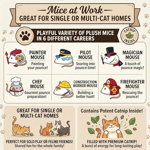 SPOT Mice at Work Cat Toys, Catnip Filled Plush Mice for Indoor Cats, Lightweight Toy Mice with Career Designs, for Single or Multi Cat Homes, 3 in, 6 Count