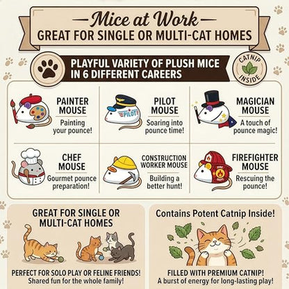 SPOT Mice at Work Cat Toys, Catnip Filled Plush Mice for Indoor Cats, Lightweight Toy Mice with Career Designs, for Single or Multi Cat Homes, 3 in, 6 Count