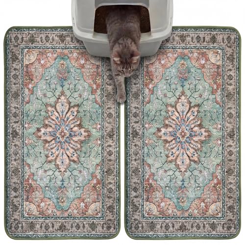 Hompet Cat Litter Mat 2 Pack, 18x28 Machine Washable Trapping Mats for Cats, Super Absorbent & Urine-Proof Cat Litter Box Mat for Floor, Waterproof & Non Slip Kitty Litter Rug - color: Sage Green Sunflower, size: 18x28 Inch (Pack of 2)