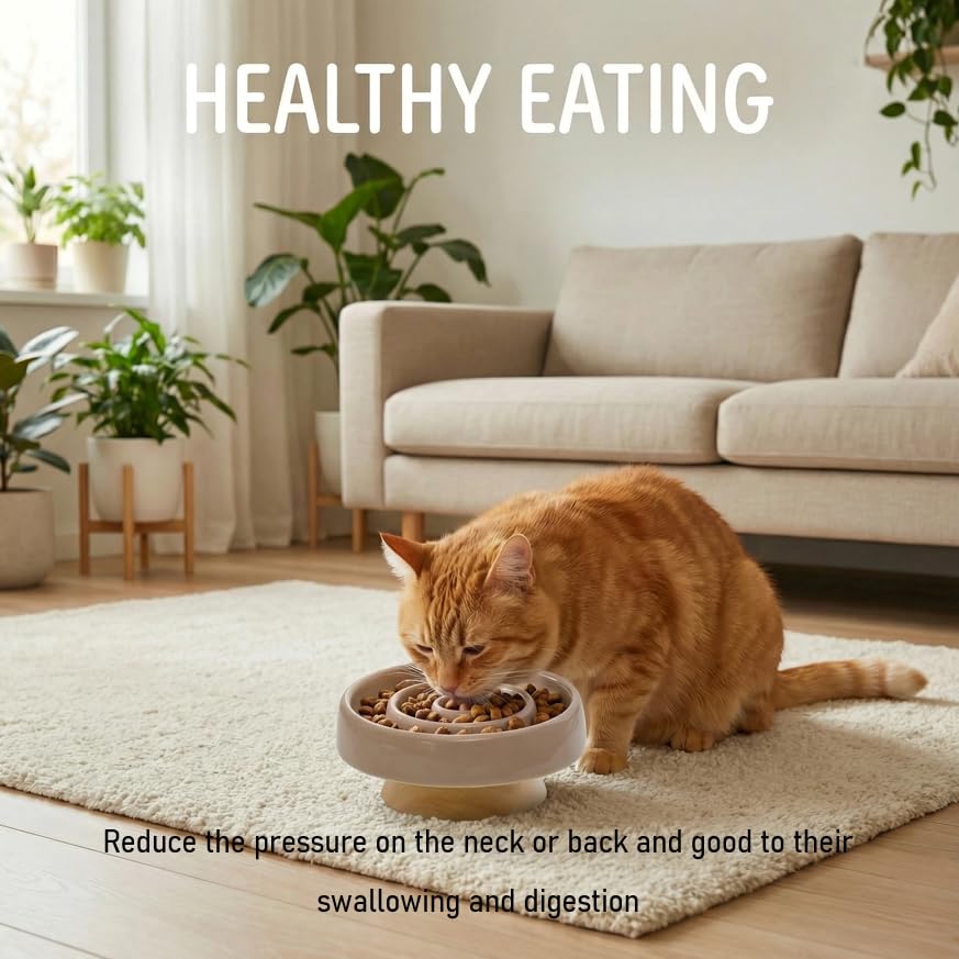 Ceramic Cat Slow Feeder, Raised Slow Feeder Cat Bowl, Anti Vomiting and Whisker Friendly Kitty Dish, Elevated Puppy Kitten Food Bowl for Dry and Wet Food (Brown) - color: Brown