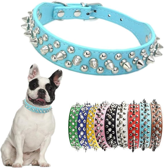 Spiked Dog Collar, Mushrooms Rivet Spike Anti-Bite Studded Protective Pet Neck Pu Leather Puppy Collars for XS Small Medium Large Boy Dogs Male Cats Goat (Light Blue, XS) - color: Light Blue, size: XS